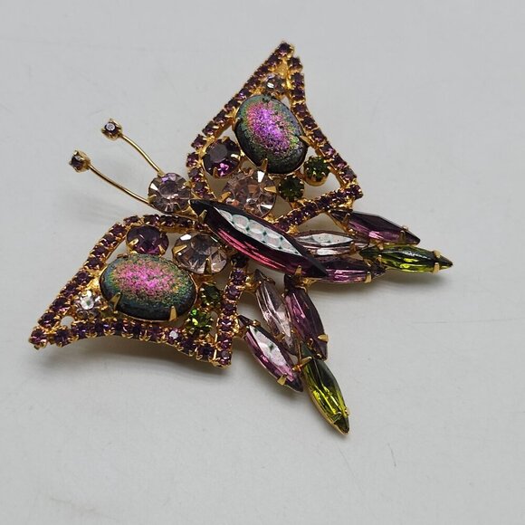 Vintage Purple Rhinestone Butterfly Brooch Pin Stippled Lava Stones - Picture 2 of 7